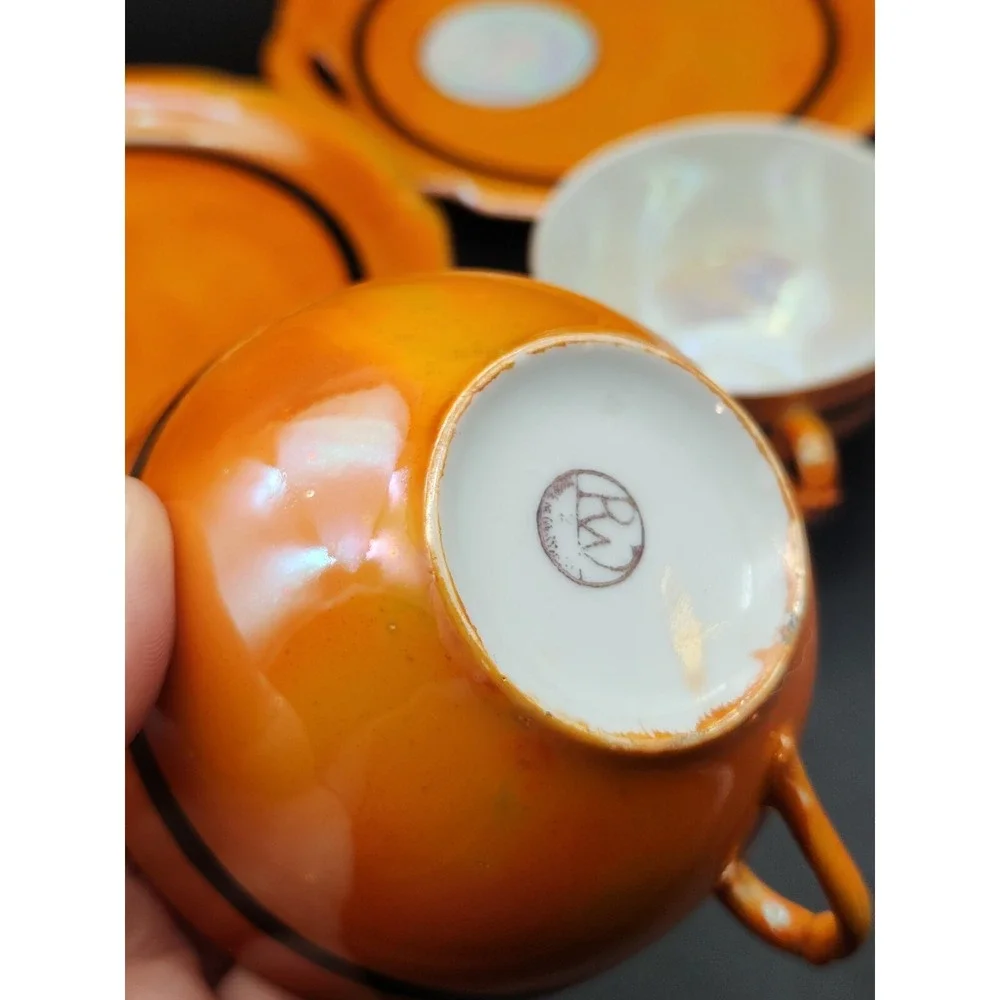Rudolph Wachter RW Germany Orange Iridescent‎ 5 Porcelain Tea Cups Saucer Plates